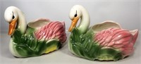 Pair Ceramic Swan Planters - 12"L x 8.5"T, USA