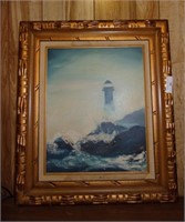 Framed Oil on Canvas Lighthouse