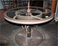 Custom Cast Iron Wheel-Framed Glass Top Table,