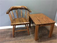 ANTIQUE BARREL BACK CHAIR & END TABLE