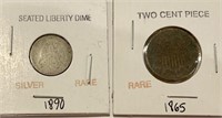 1865 Two Cent Piece and 1890 Seated Liberty Dime