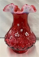 Hand Painted Cranberry Fenton Vase - Signed