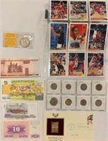 Assorted Foreign Currency, Sports Cards, Stamp