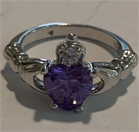 Sterling Purple Heart Stone Claddagh Ring