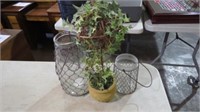 2 RUSTIC JAR CANDLE HOLDERS & PLANT