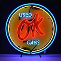 OK Used Cars neon sign w/ backing