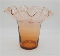 Pink Art Glass Vase w Ruffled Edge 10.5" T