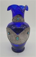 Art Glass Cobalt Blue Vase w Metal & Bead Design 1