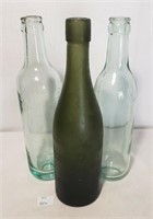 Antique Green Glass Bottles Rounded Base On Two Fr
