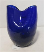 Cobalt Blue Crackle Glass Pinch Vase