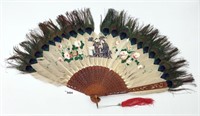 Hand Painted w Peacock Feather Asian Fan