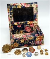 Jewelry Box w Small Metal Frame & Brooch Parts