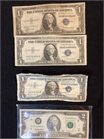 Three $1 Silver Certificates  & One $2 Bill