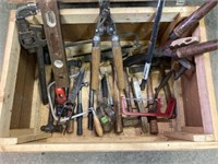 Box of hammers, level, hack saw, pipe wrench & +++