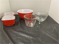 Pyrex-measuring cups, red bowl, misc