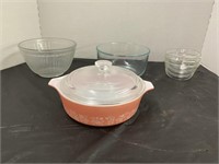 Pyrex-pink covered dish, misc