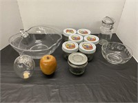 Apple dish, small canning jars, misc