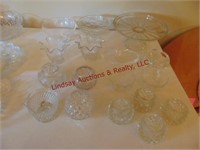 17 pcs of clear glass: cake plate, candle holders,