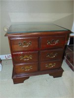 Wood 3 drawer side table w/ glass pc ontop