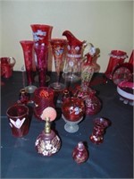 15 pcs of Cranberry glass w/ floral designs