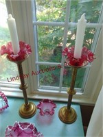 2 brass candlestick holders & 3 Cranberry pcs..