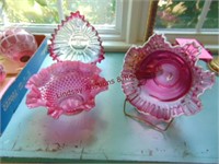 3 glass Cranberry dishes (2 w/ stands)