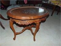 Oval wood table w/ glass top 27x19x20