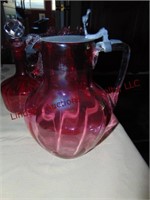 4 pcs of Cranberry glass: pitcher, vase, candy
