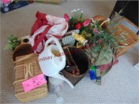 Group of misc decor: wicker baskets, doll,