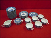 BLUE & WHITE DISHES WITH STEAM SHIP DESIGN