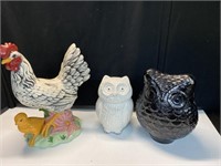 Chicken and owl ceramic decor (3 qty)