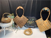 Wicker baskets, metal tray, small wicker plant