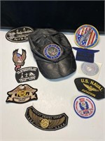 Harley Davidson patches, leather navy hat, naval