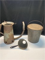 Antique oil can, antique bucket, funnel