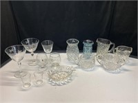 Stemware, glass pitchers, creamer and sugar, etc