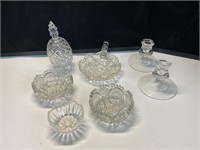 Glass candle holders, crystal bowls, pineapple
