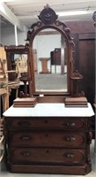 Victorian Walnut Marble Top Dresser w/Mirror