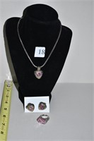 NECKLACE, EARRINGS & RING SET; PINK STONE MIDDLE,