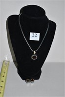 NECKLACE & EARRING SET, AMBER COLOR STONE CENTER,
