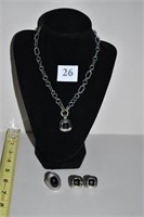BLACK STONE EARRINGS, NECKLACE & RING SET; RING