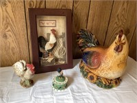 4 assorted chicken figures with shadow box