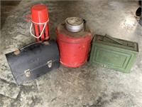 Gas can, ammo box, lunch box, thermos
