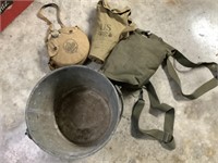 US Military canteen, 2 gas masks