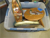 Assorted collectables, small foot stool, etc