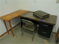 Small wooden table, metal desk, chair