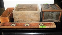 Lot of Wooden & Tin Boxes & Wooden Level