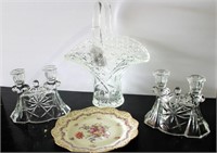 2 Candle Holders, Glass Basket, Floral Plate