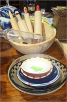 Wooden Rolling Pin, Glass Rolling Pin & Bowls