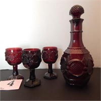 AVON RUBY RED DECANTER WITH 3 GOBLETS