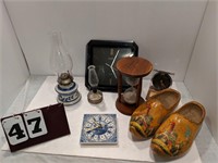 Dutch Shoes, Clocks, Oil Lamp